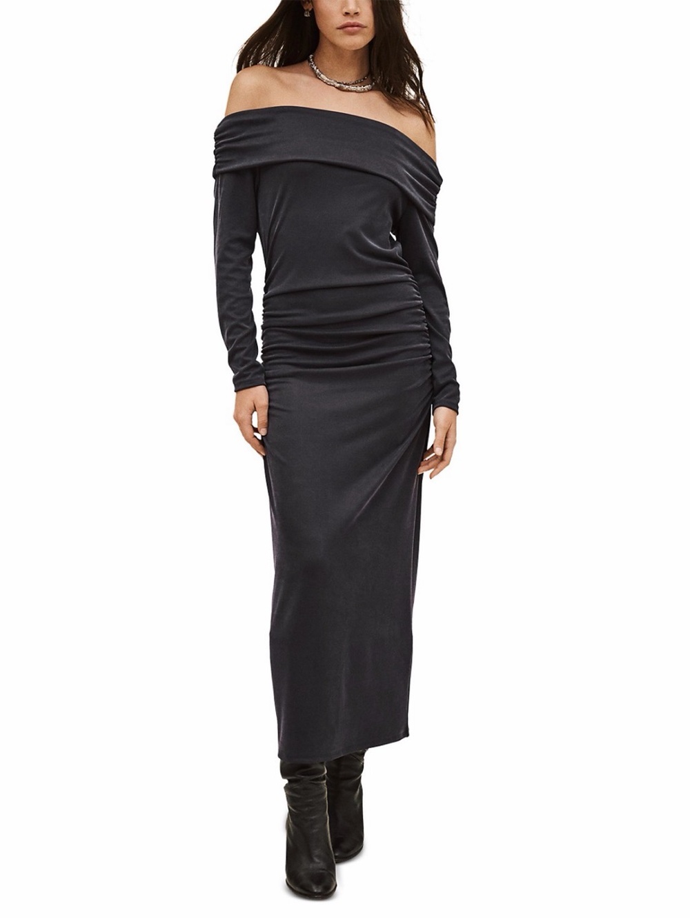 ba&sh Off-Shoulder Long Sleeve Midi Dress in navy